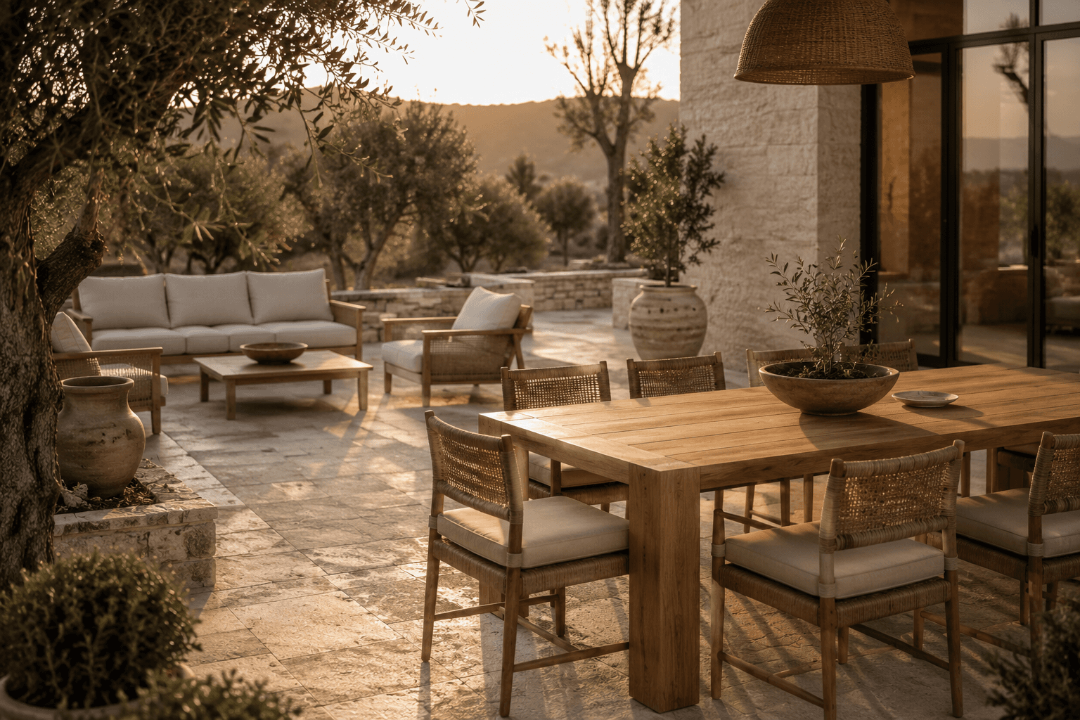 The Strand chair outdoors on a travertine terrace at golden hour