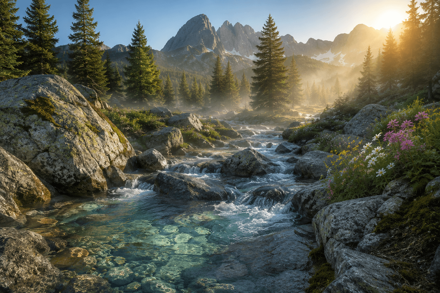 The alpine stream at golden hour