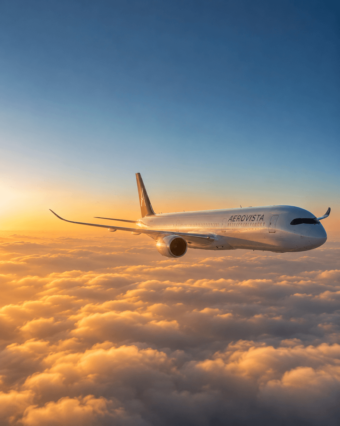 An AeroVista aircraft soaring above a golden sea of cloud at sunset