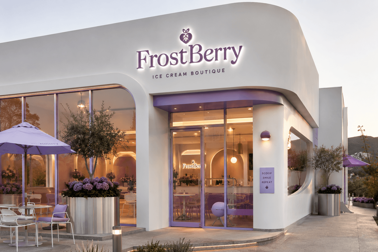 The FrostBerry ice cream boutique glowing at golden hour, lilac umbrellas and hydrangeas on the terrace