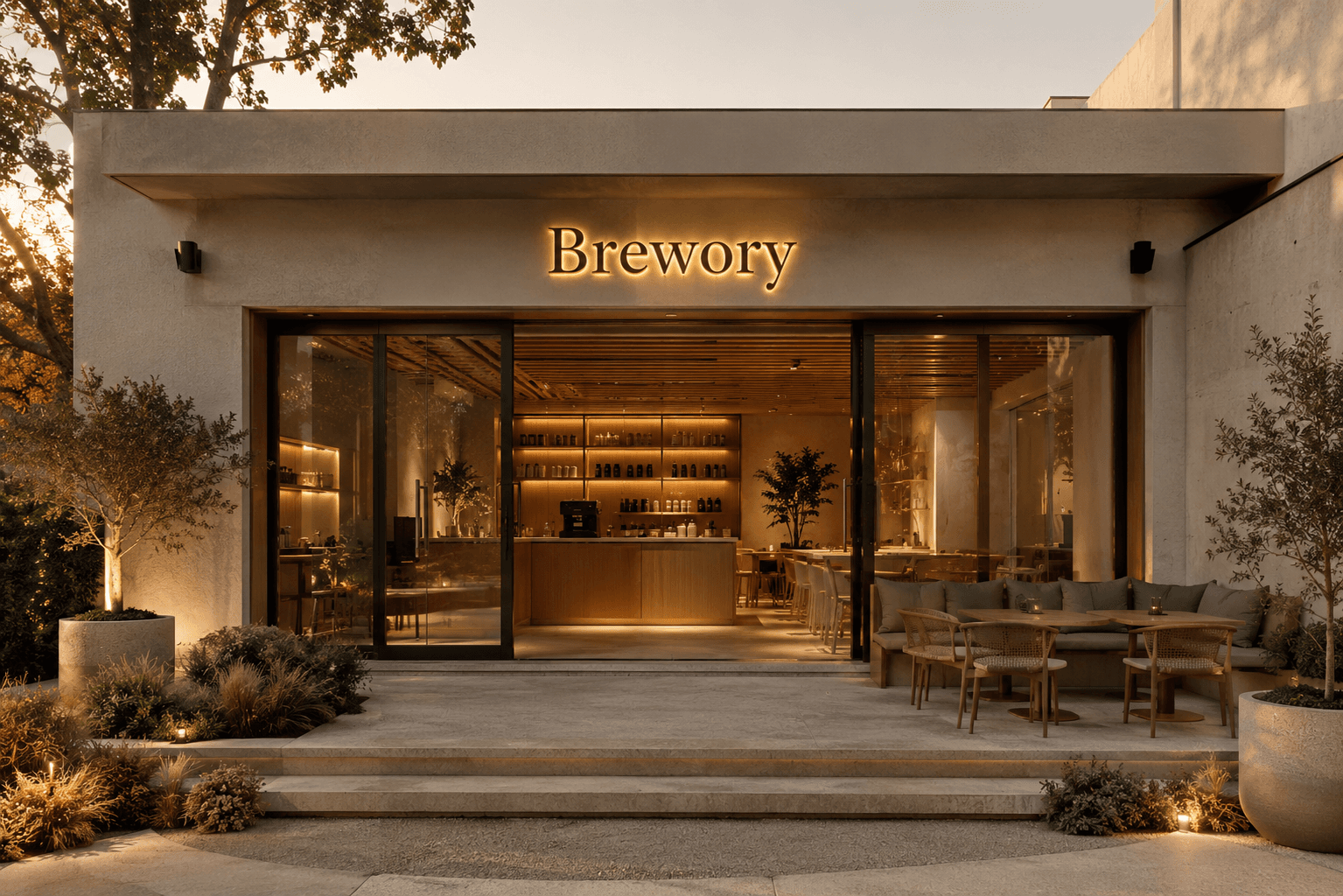 Brewory café storefront glowing at golden hour