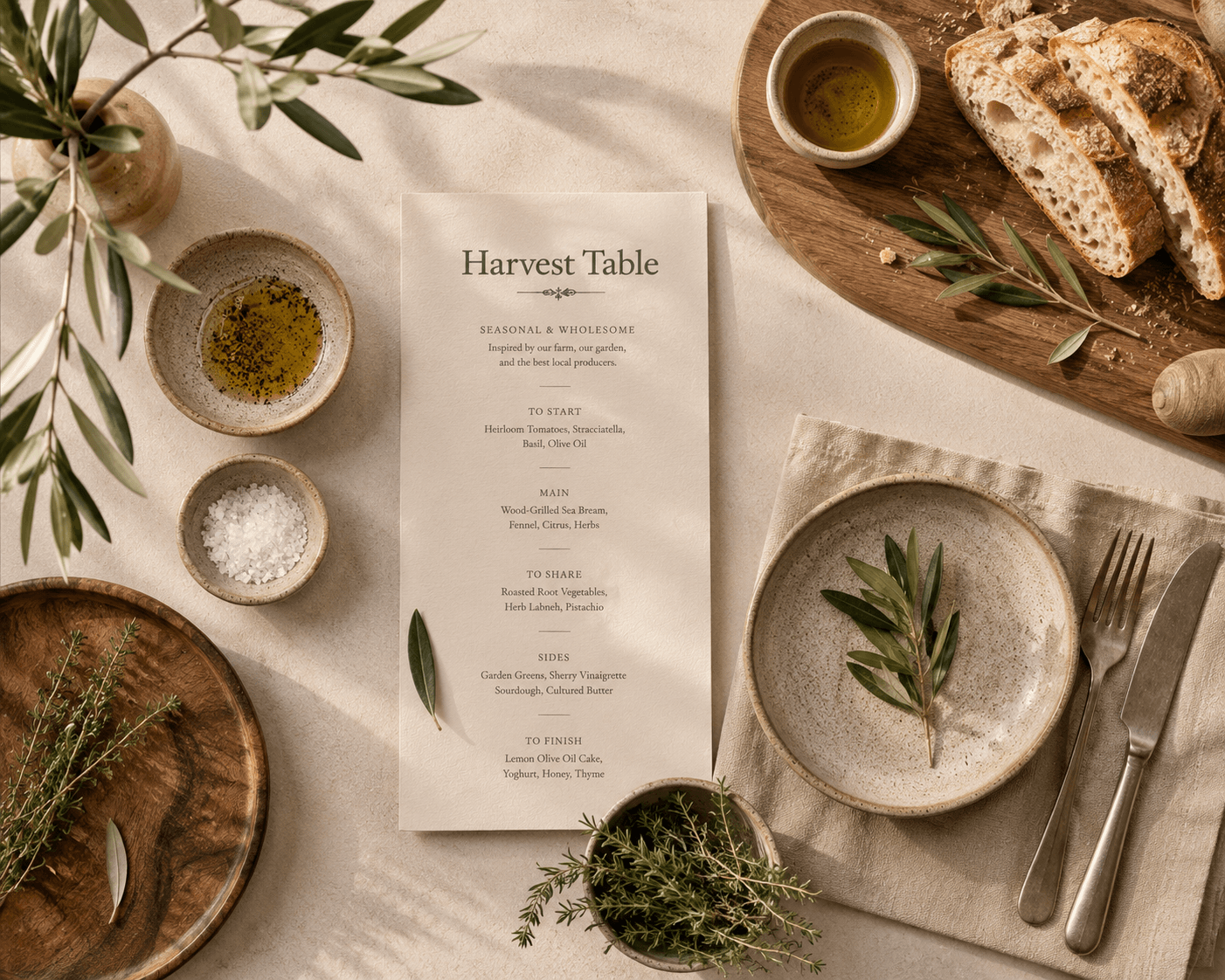 The printed Harvest Table card lying among olive branches, stoneware bowls of oil and salt, and slices of sourdough