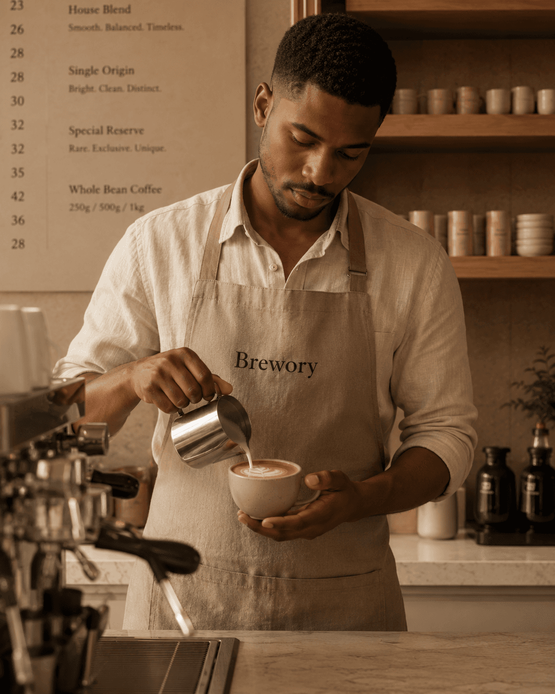 Brewory barista pouring latte art at the espresso machine