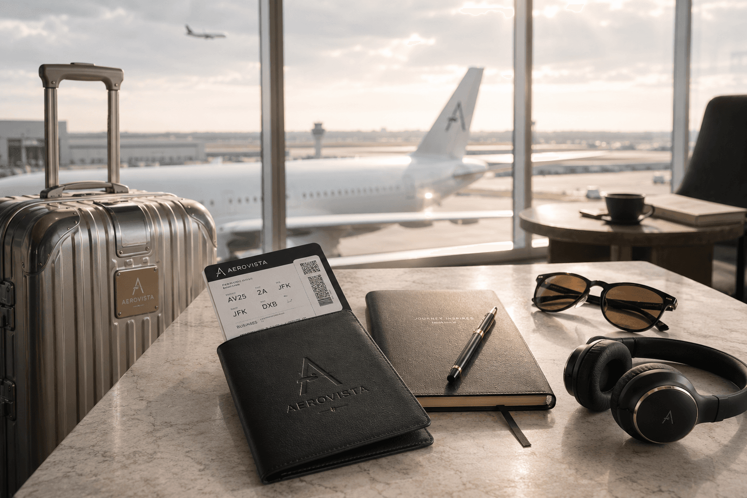 A lounge table by the window with a boarding pass, luggage and headphones, an AeroVista tail on the apron beyond
