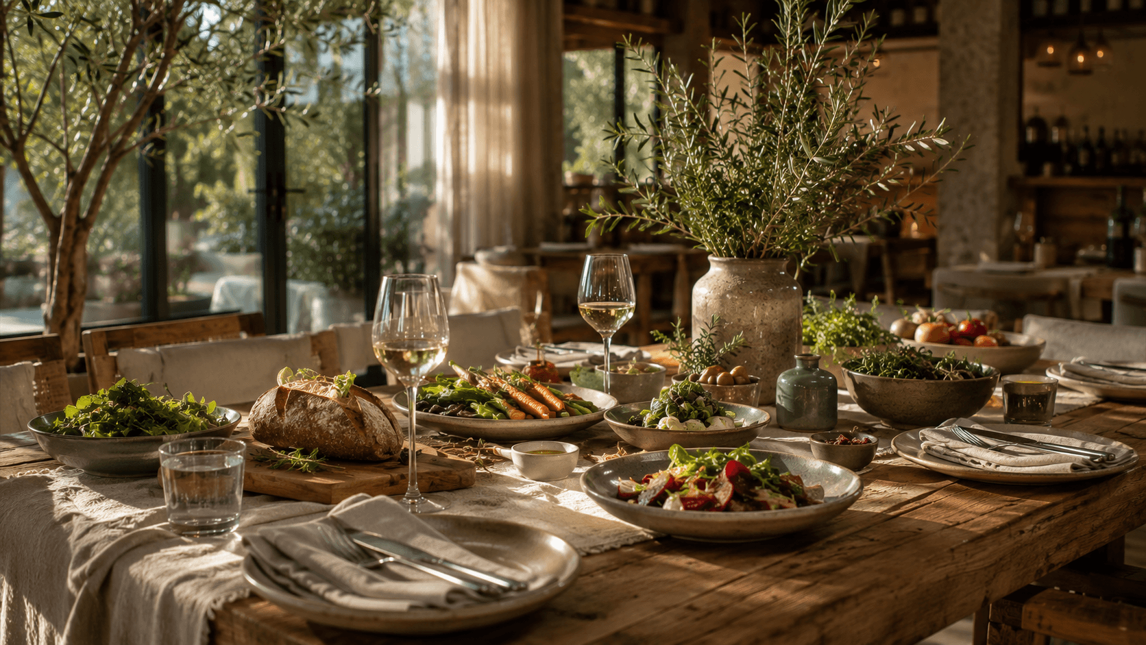 A long wooden lunch table laid with salads, bread, roast vegetables and white wine, lit by low sun through olive branches