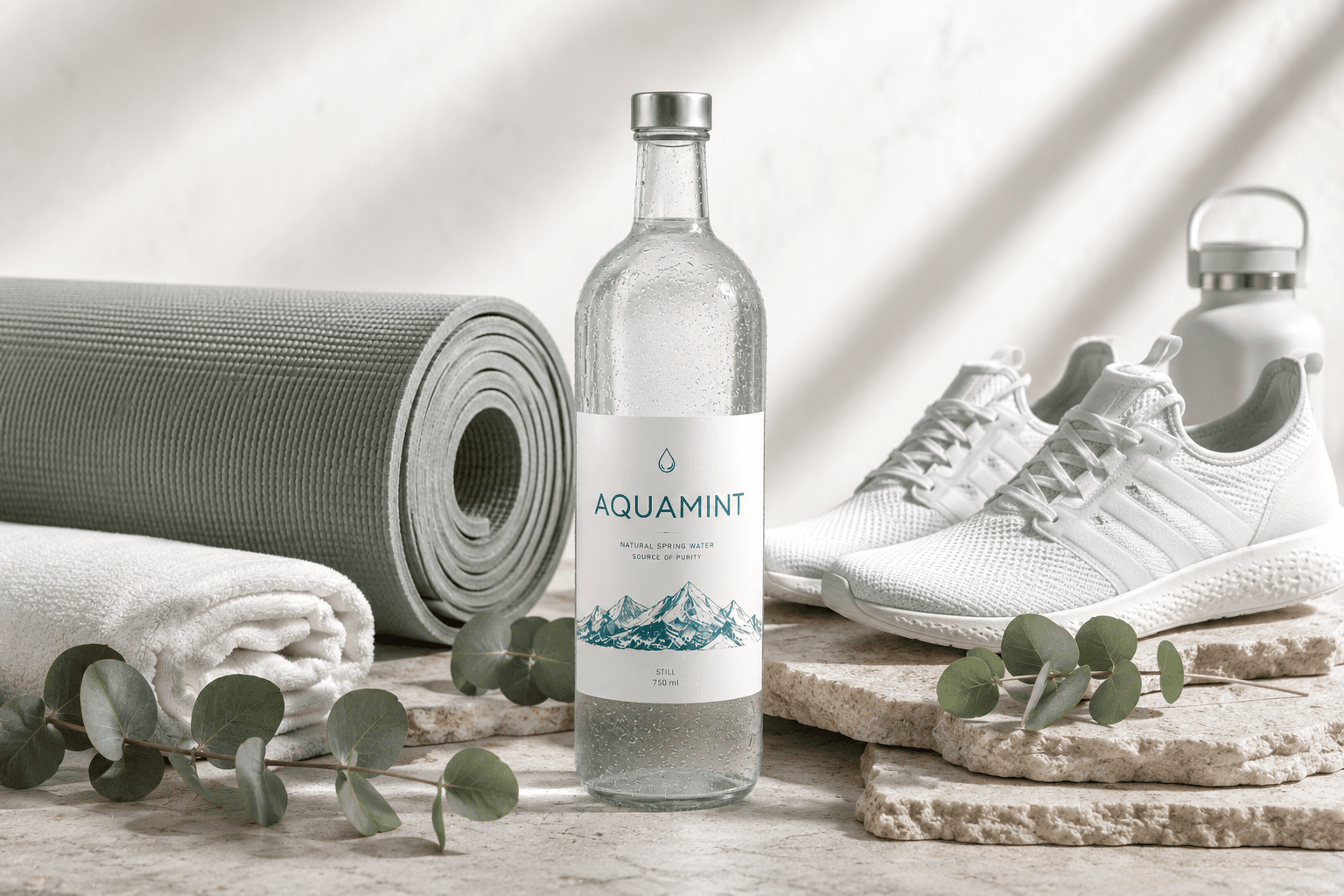 An AquaMint trail bottle beside a rolled yoga mat, folded towel and white trainers