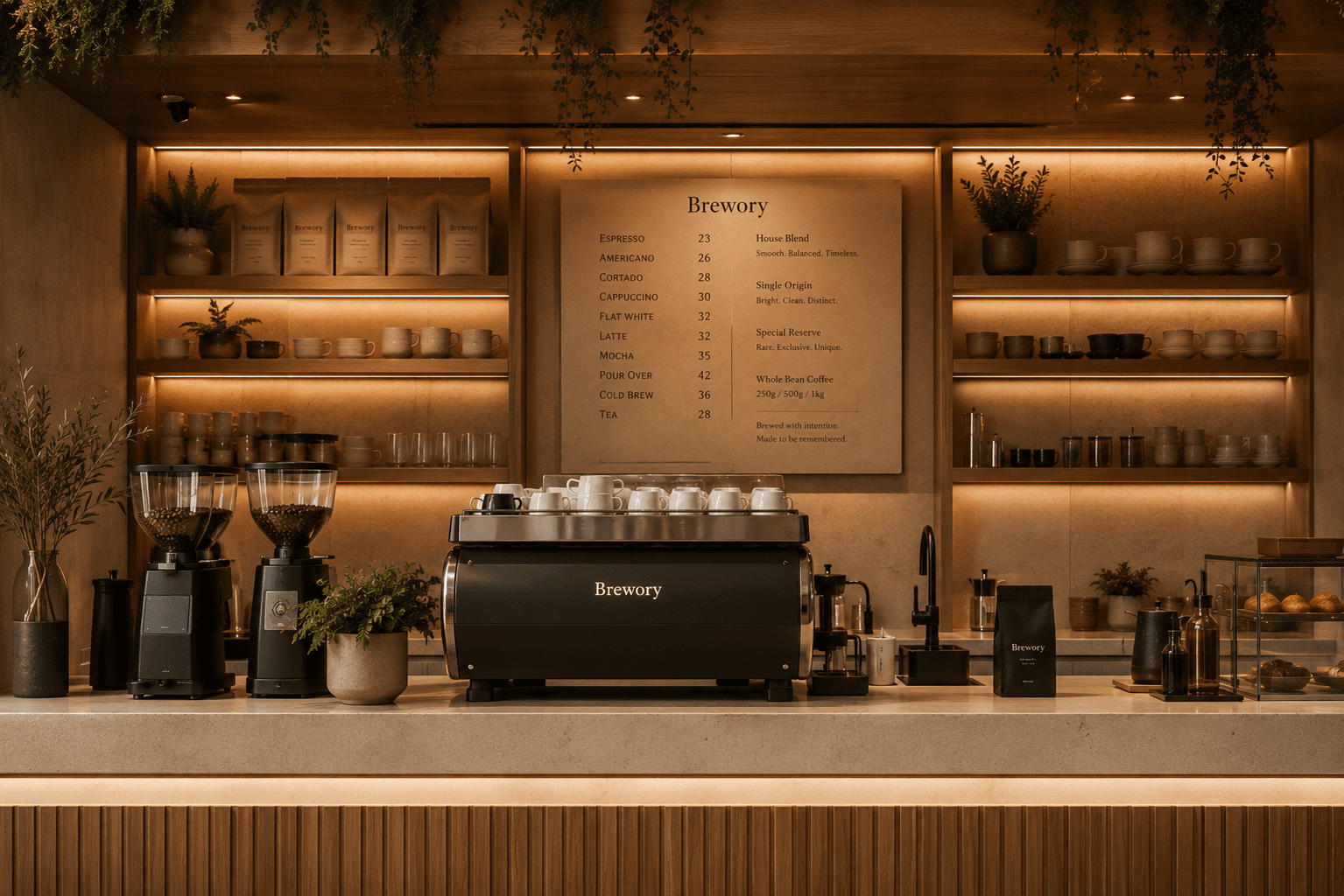 The Brewory counter at night with the menu board glowing
