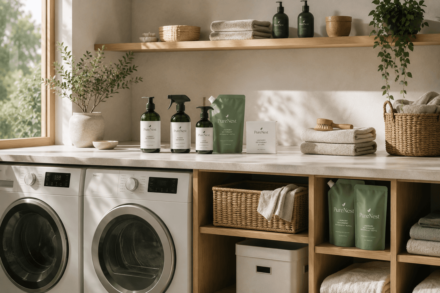 A bright laundry room with PureNest detergent and refill pouches on oak shelving