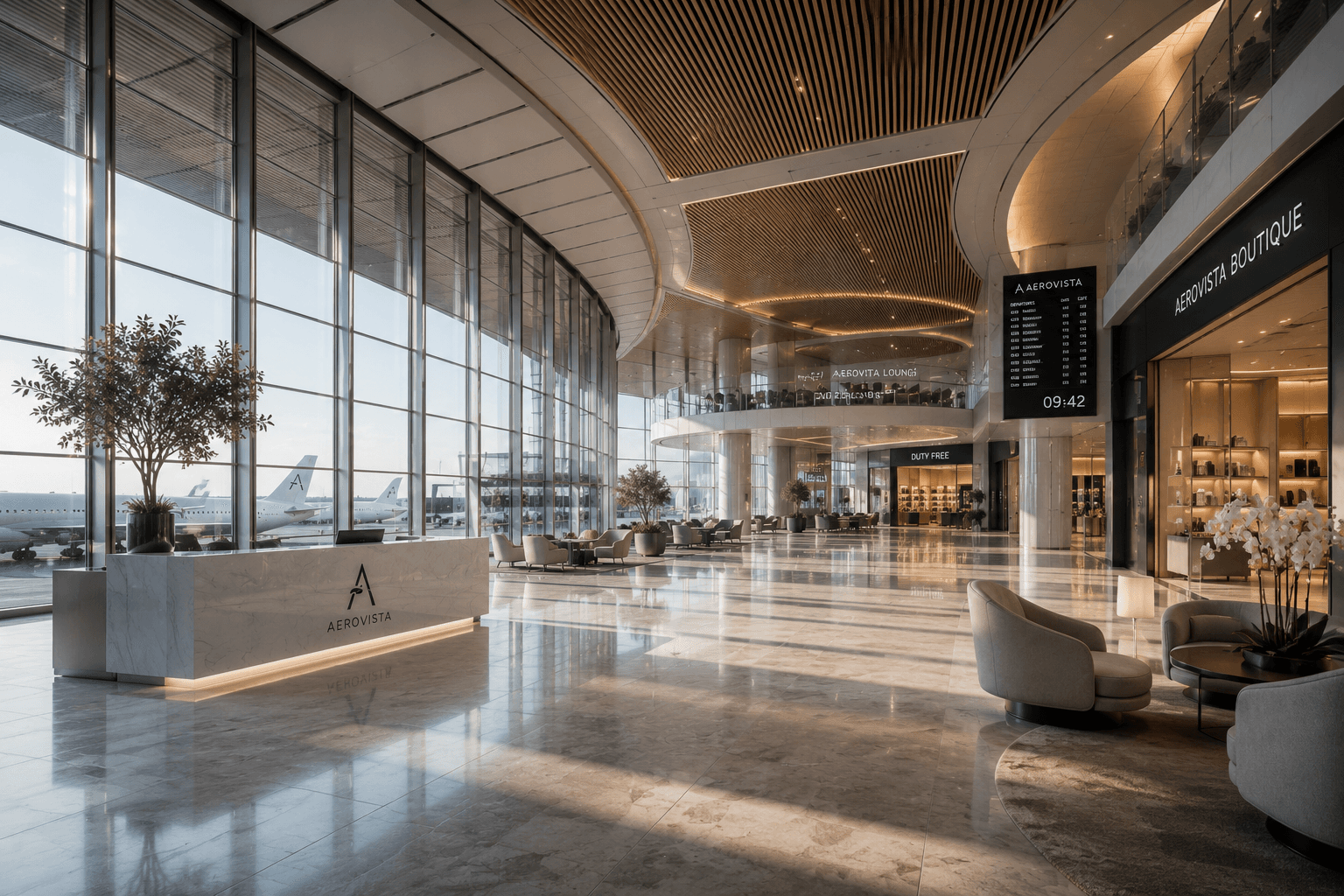 The AeroVista Lounge hall — a marble reception and lounge seating under sculpted ceilings, floor-to-ceiling glass onto the apron