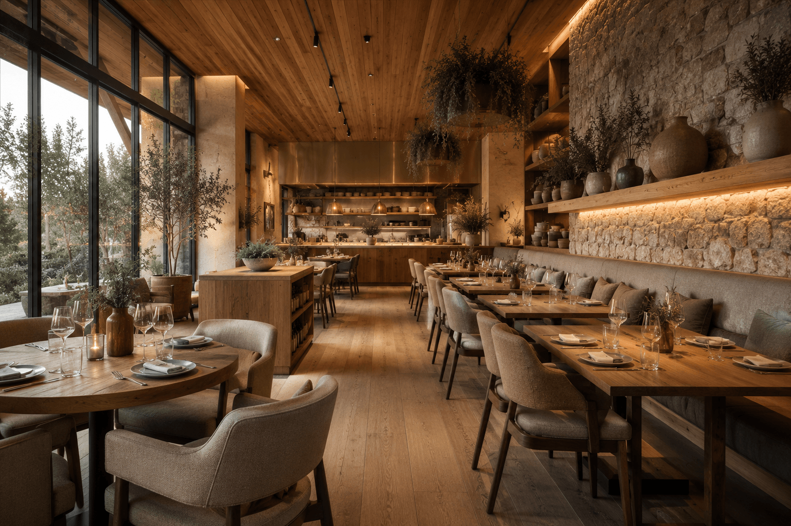 The Harvest Table dining room, warm timber and stone with linen chairs, hanging greenery and an open kitchen glowing at the far end
