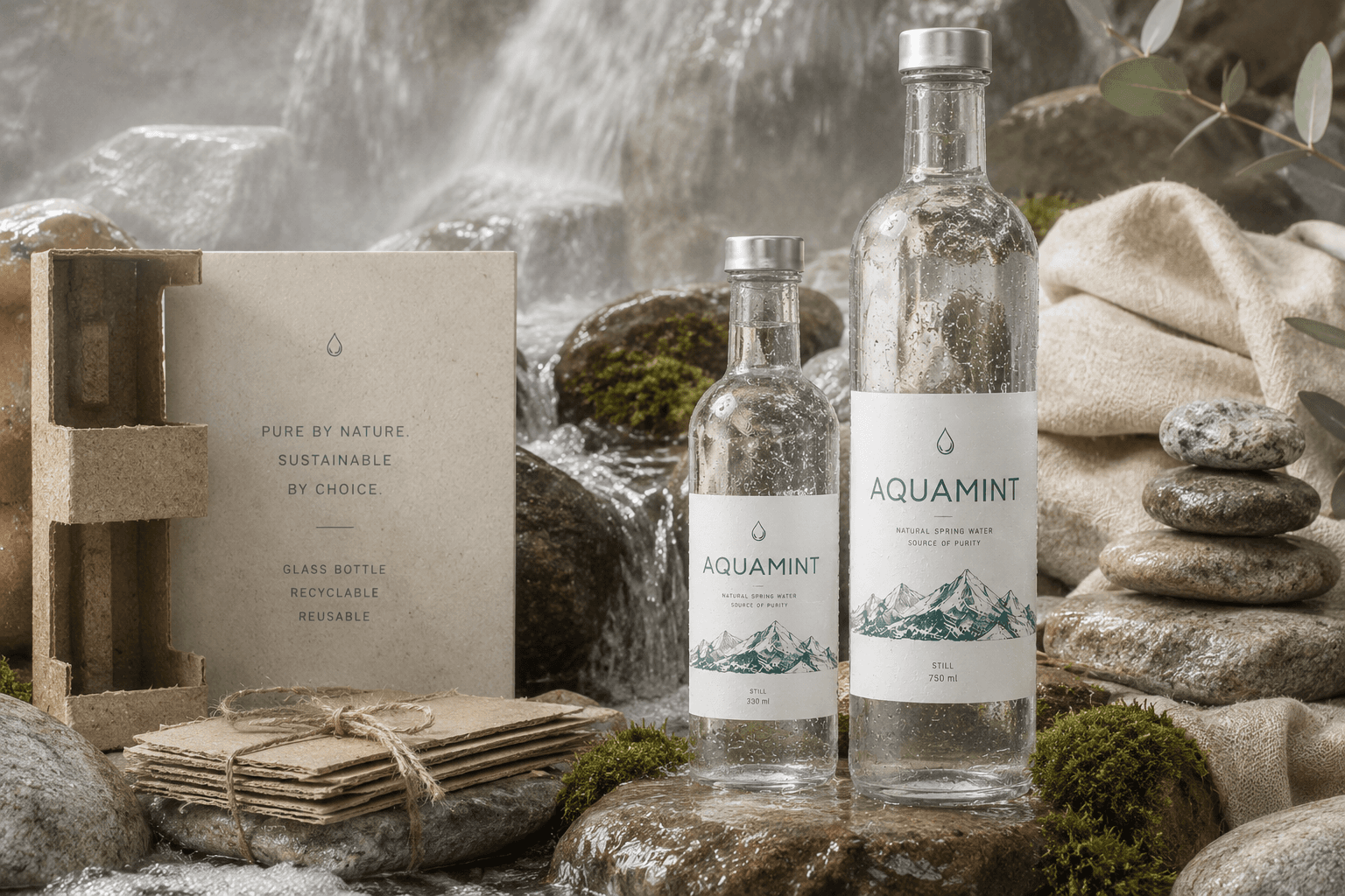 AquaMint glass bottles on mossy stone before a waterfall, beside recyclable fibre packaging