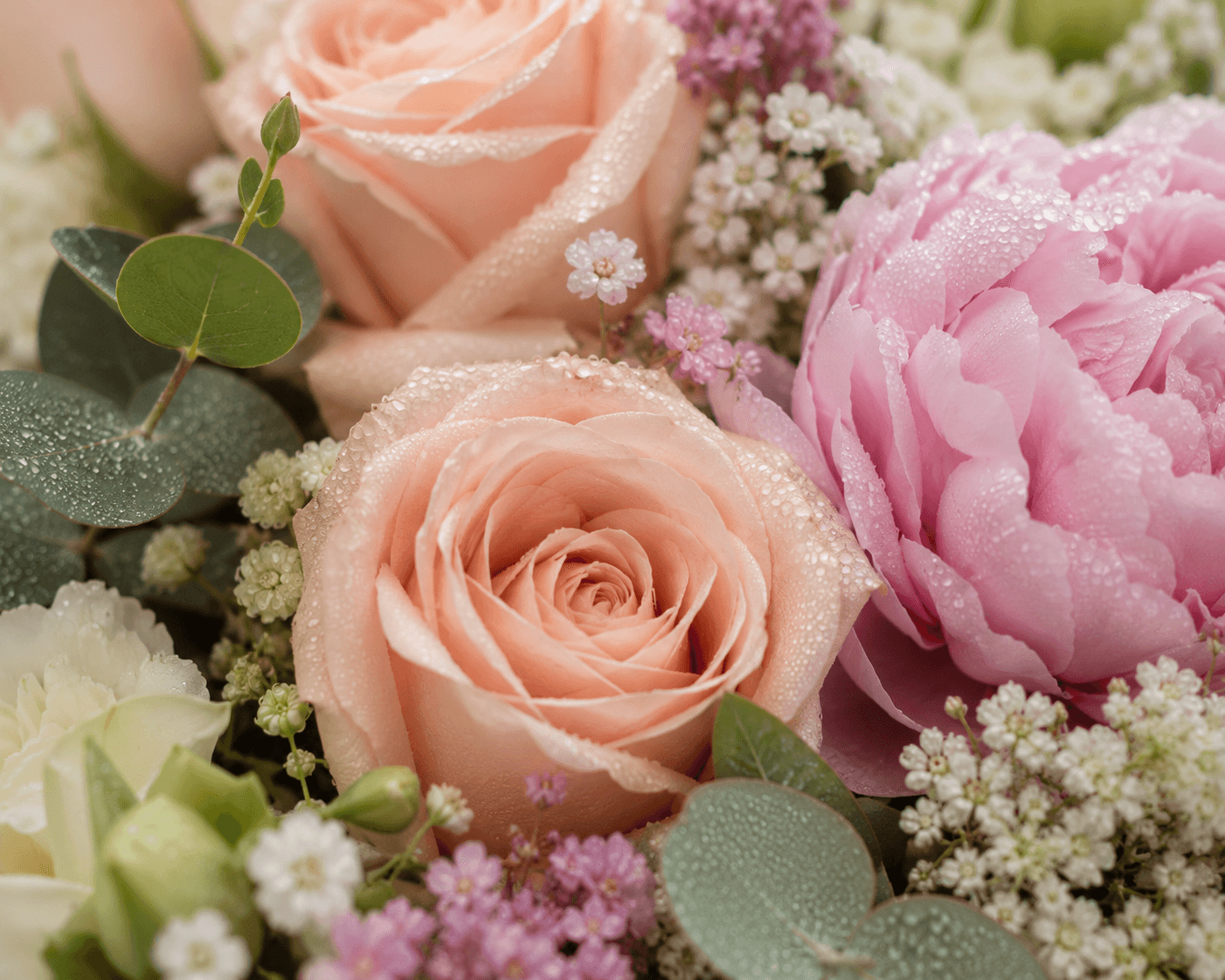 Pastel blooms beaded with water droplets