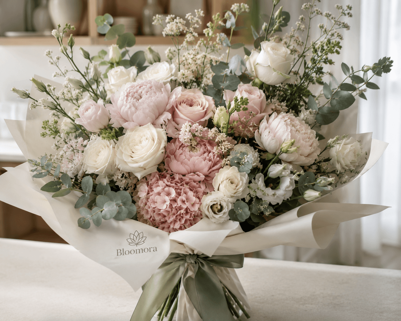 The First Blush bouquet: blush peonies, garden roses and pink hydrangea in ivory wrap