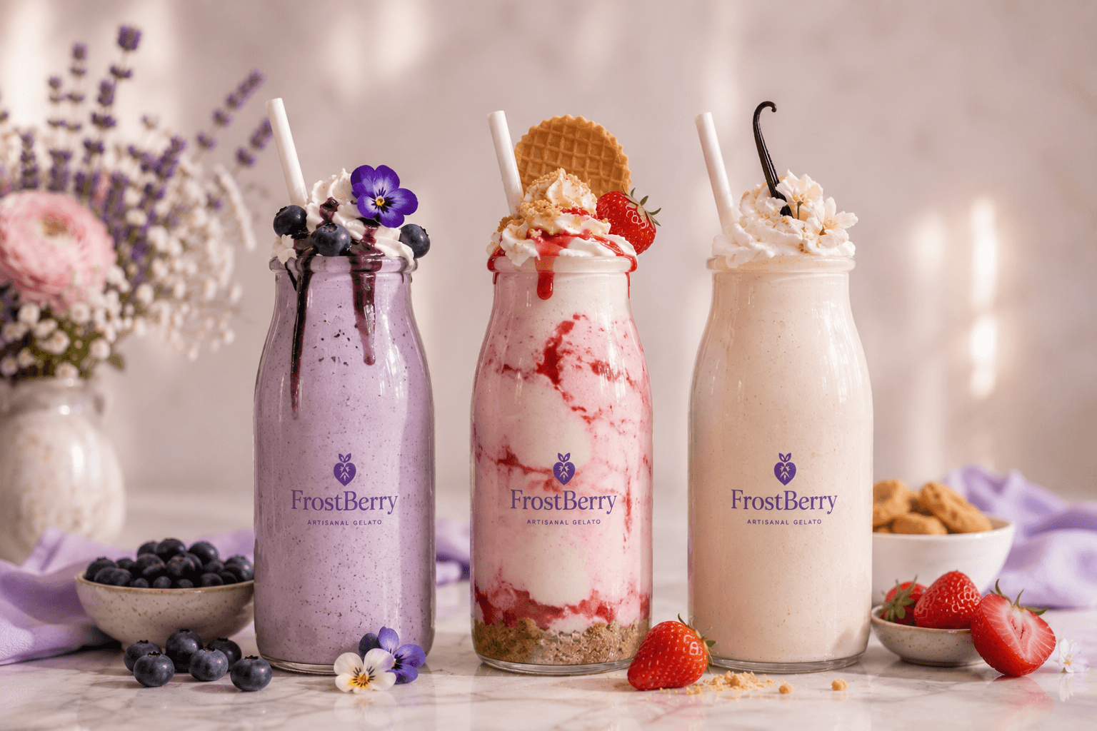 Three FrostBerry milkshakes in glass bottles on marble