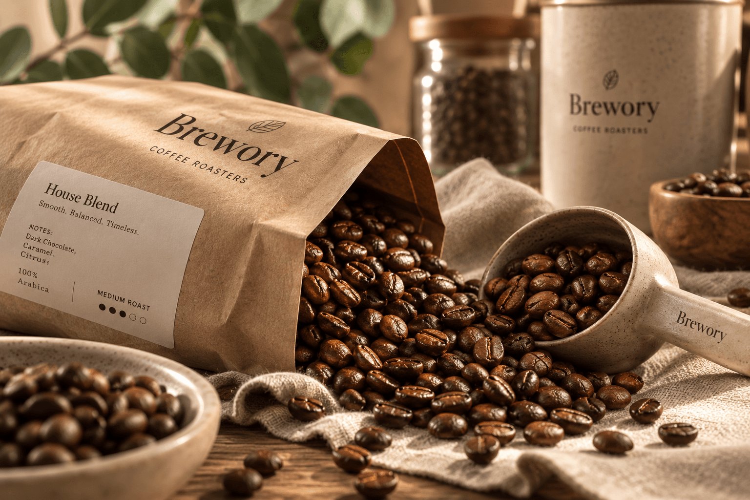 Brewory House Blend bag spilling roasted beans in warm sunlight