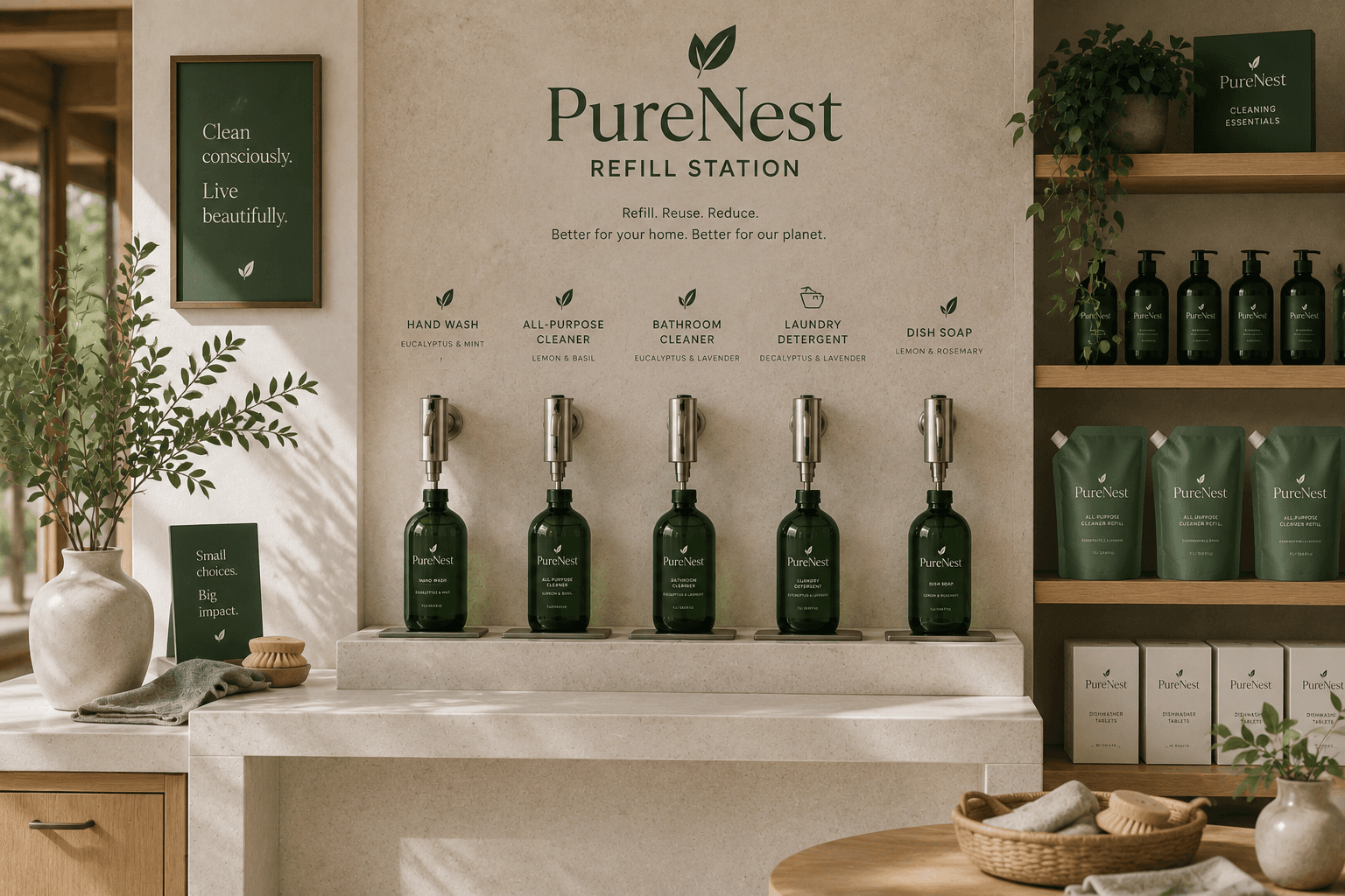 The PureNest refill station wall, bottles waiting under brass dispensers