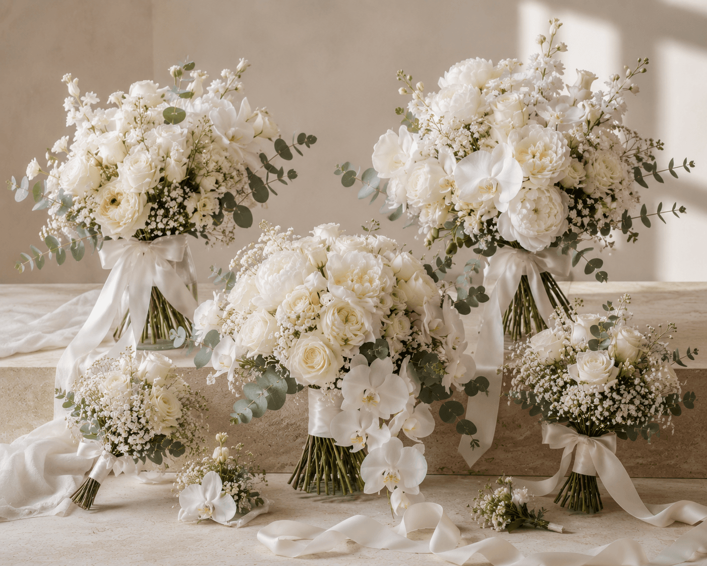 Ivory wedding flowers arranged on travertine steps