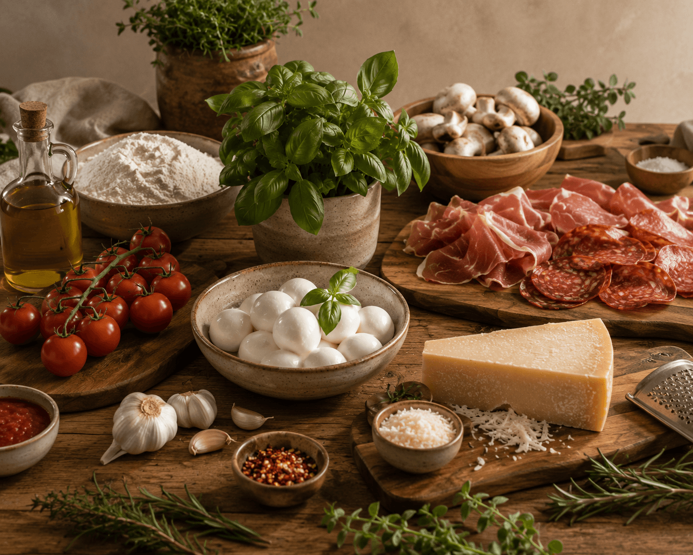 Tomatoes, basil, olive oil and flour laid out on a wooden table