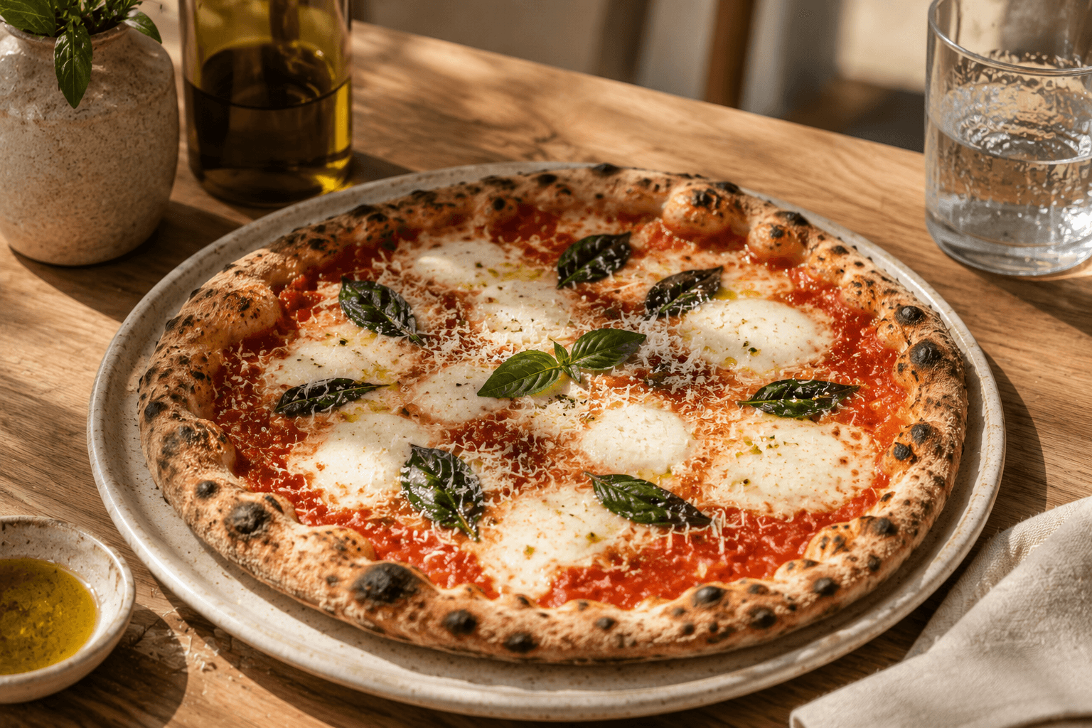 A wood-fired pizza resting on a long wooden table