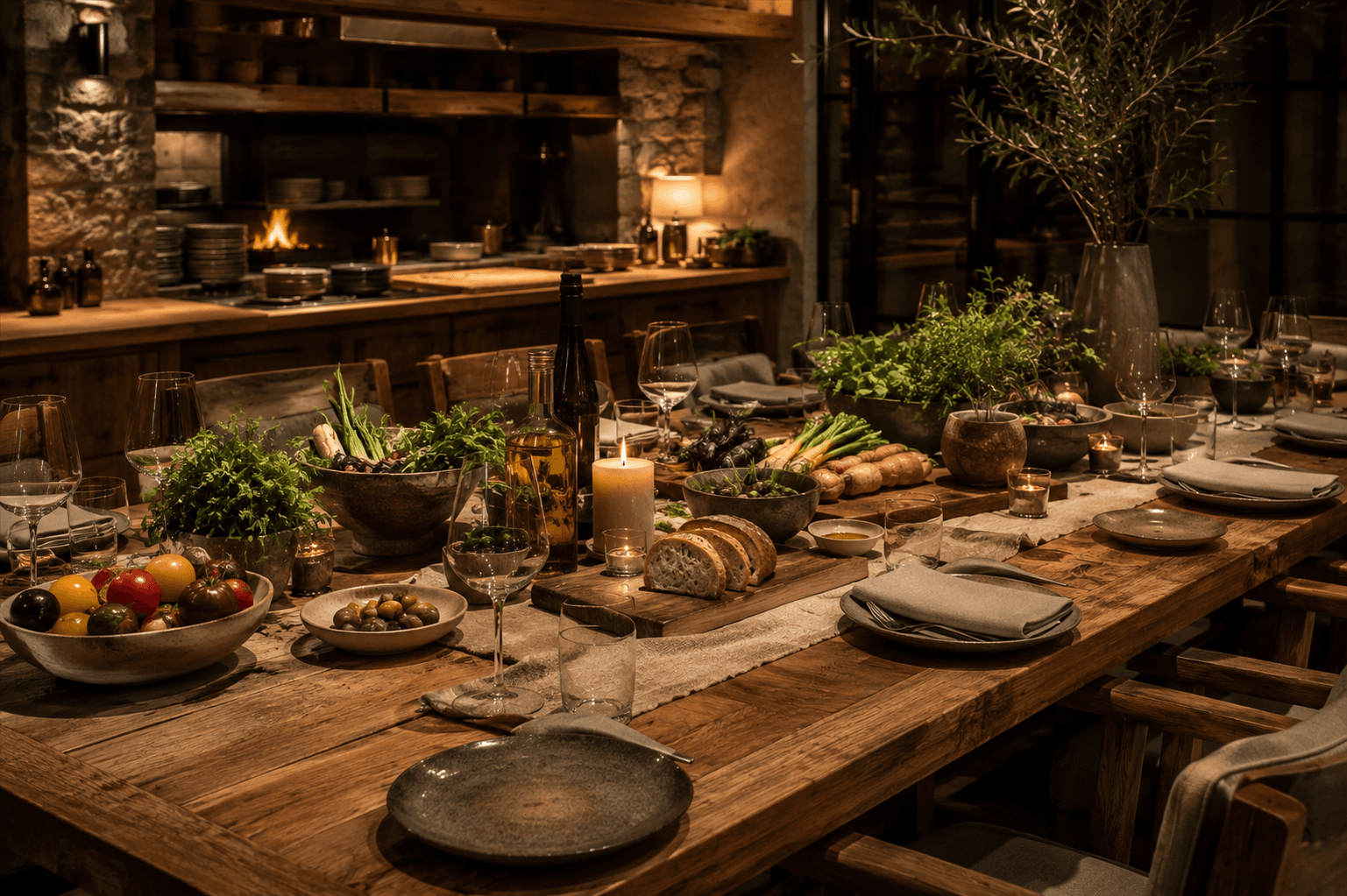 The private dining room at night, a long farm table laid with candles, tomatoes, olives and bread in front of the open stone kitchen