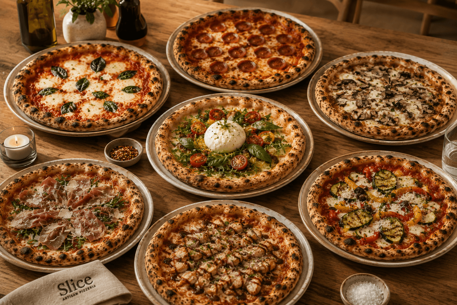 Pizzas being shared across a wooden table