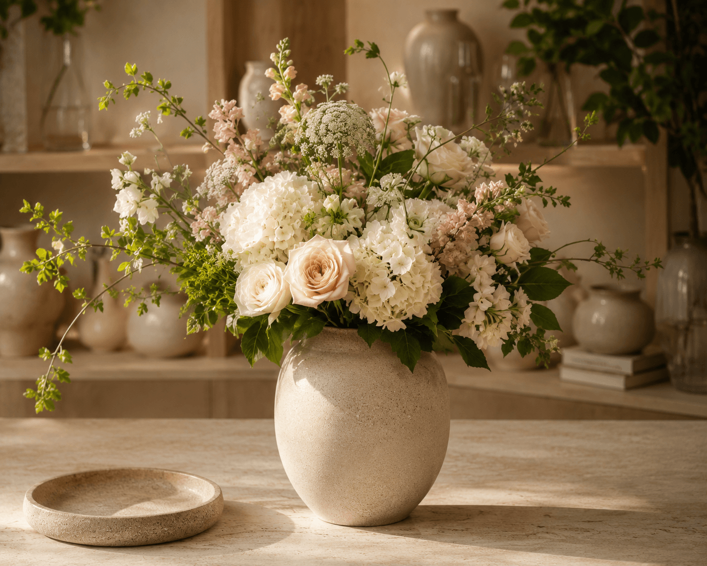 The Quiet Hour: white hydrangea and cream roses arranged in a stone vase
