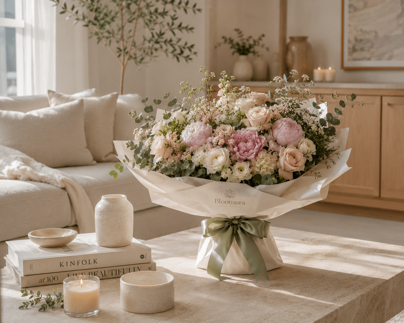 A Bloomora arrangement resting on a console table in a sunlit minimalist living room