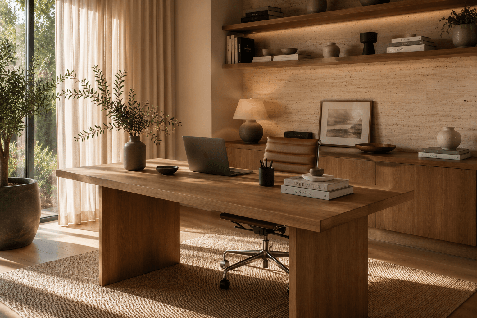 The Ledger desk under lit oak shelving