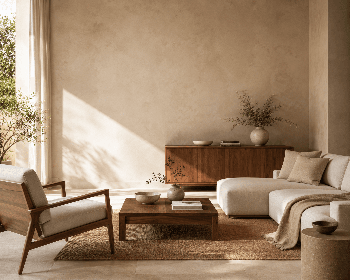 The Strand chair pulled up to a Karoo table in a calm living room