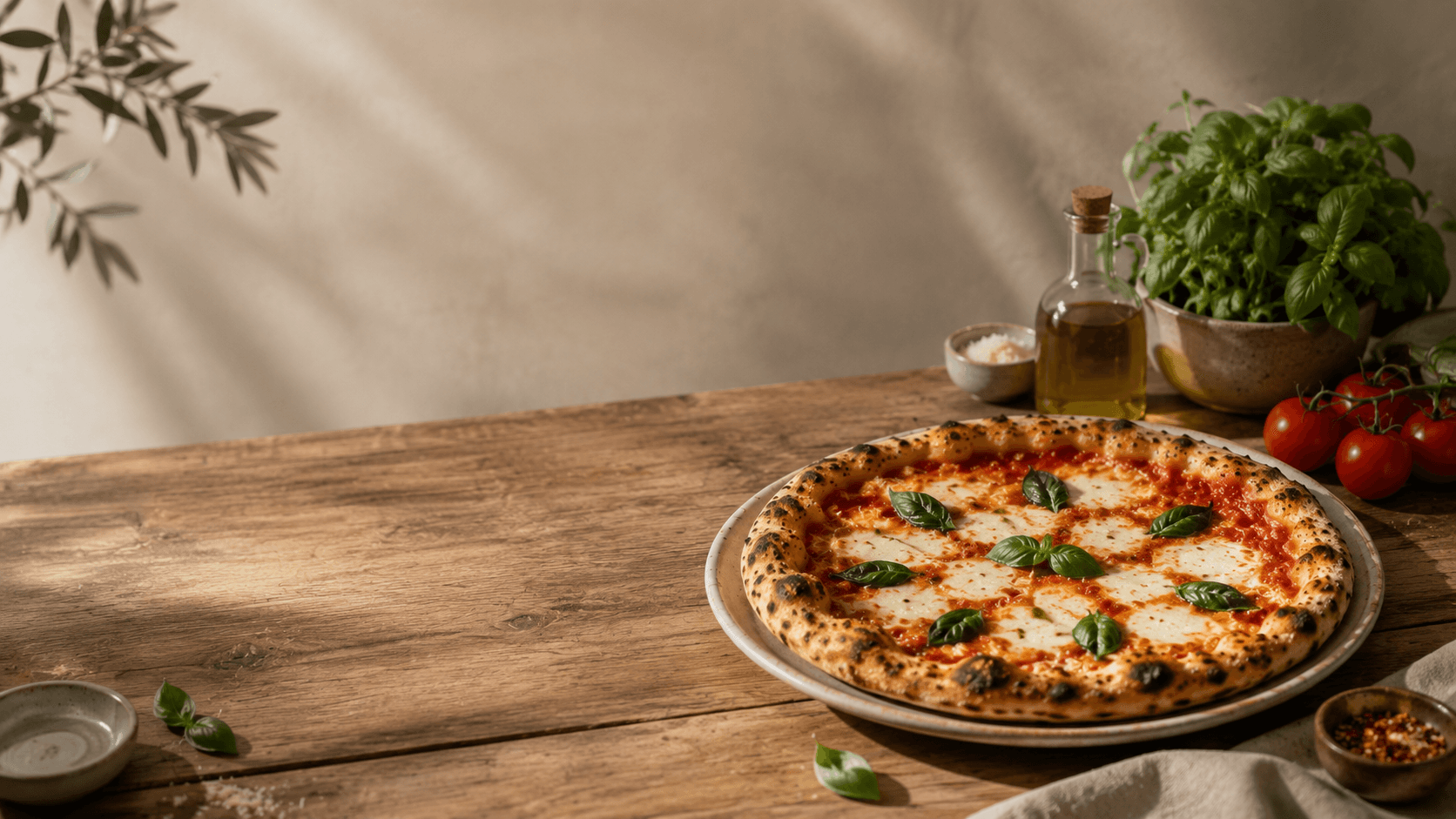 Pizza resting on the bench in the pizzeria's warm light