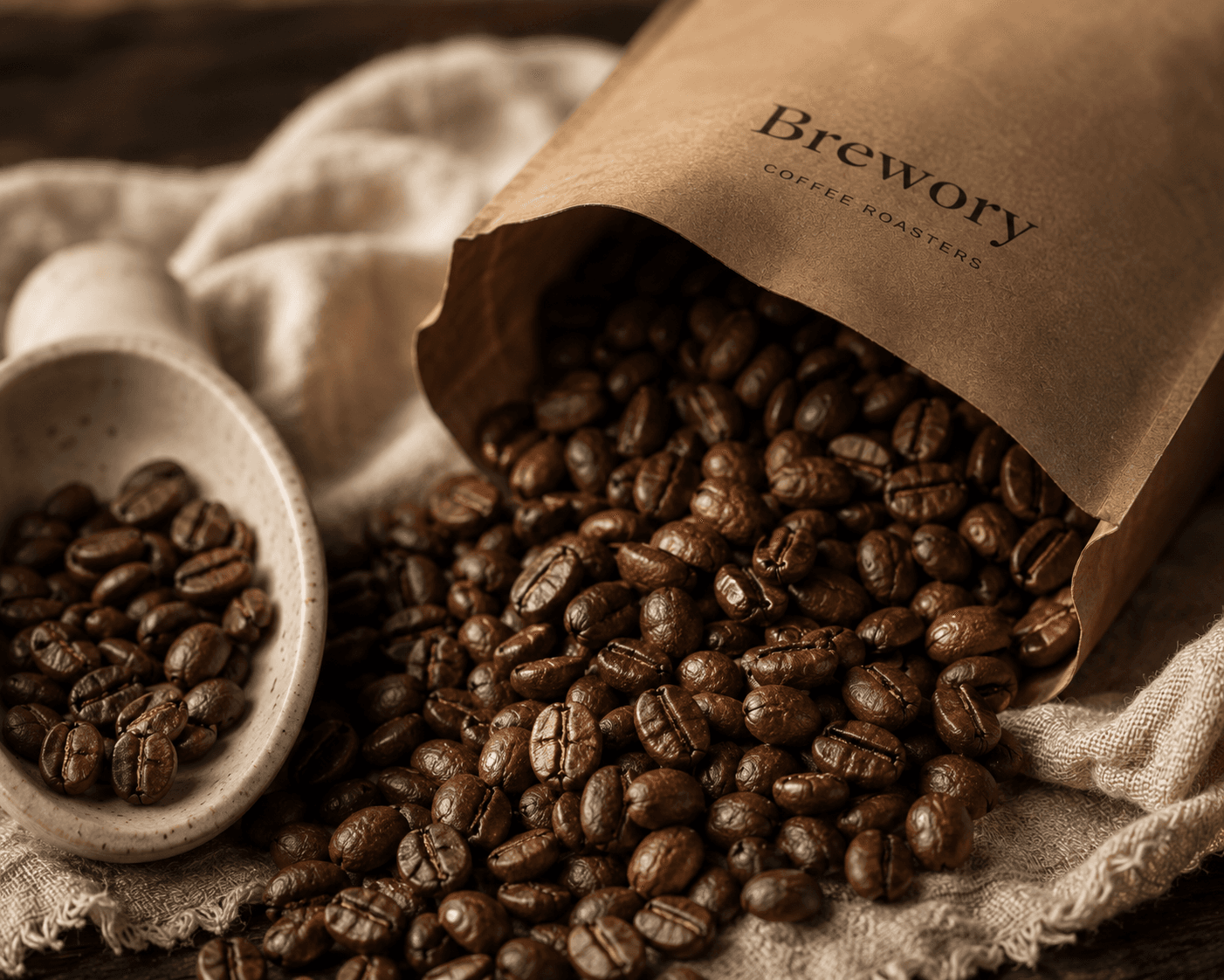 Roasted beans spilling from a Brewory bag onto linen