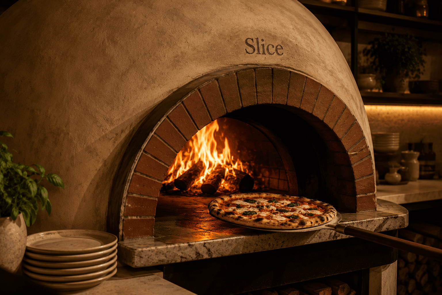 The wood-fired oven, flames behind a pizza on the peel