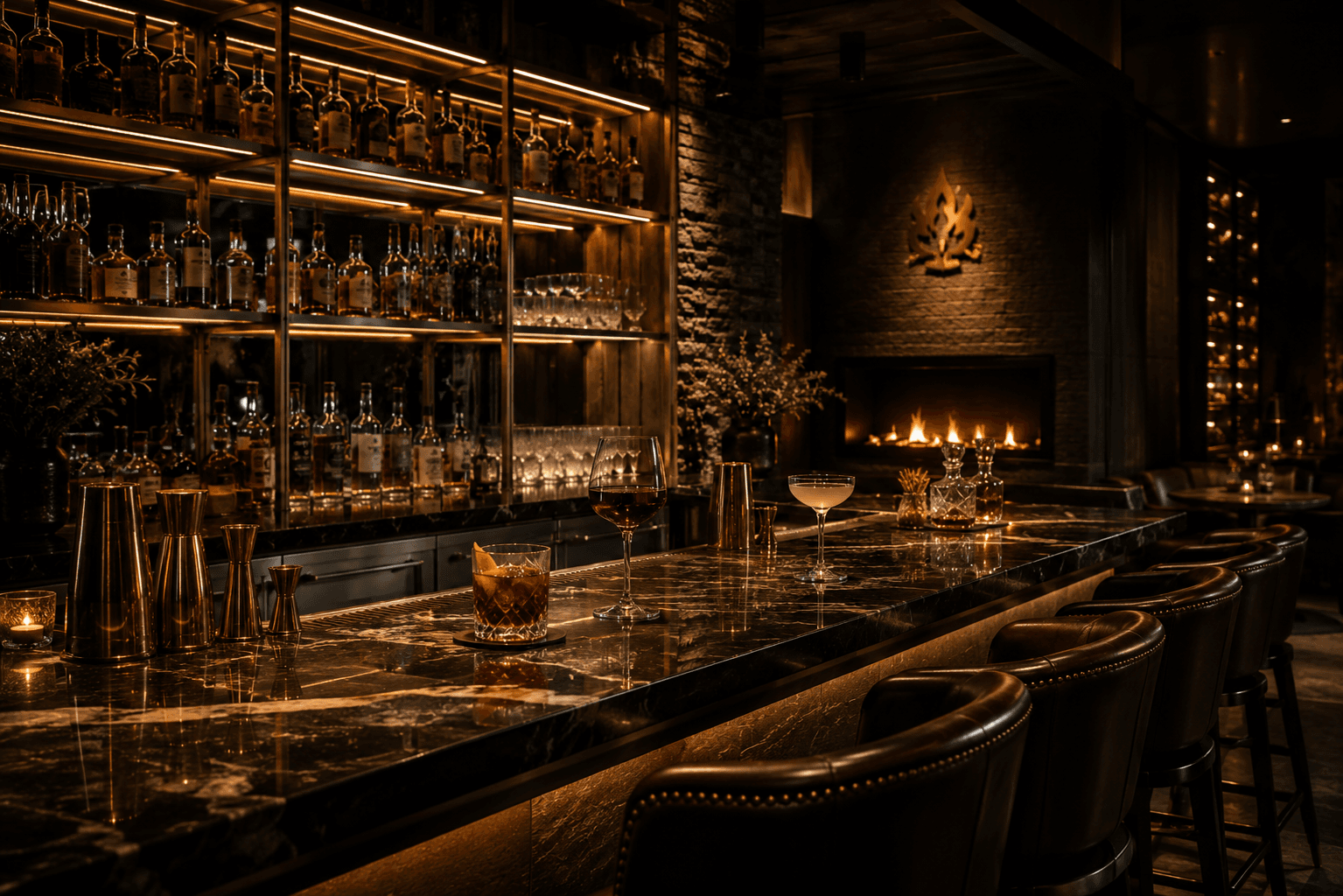 The black-marble bar, backlit spirits and a lit fireplace