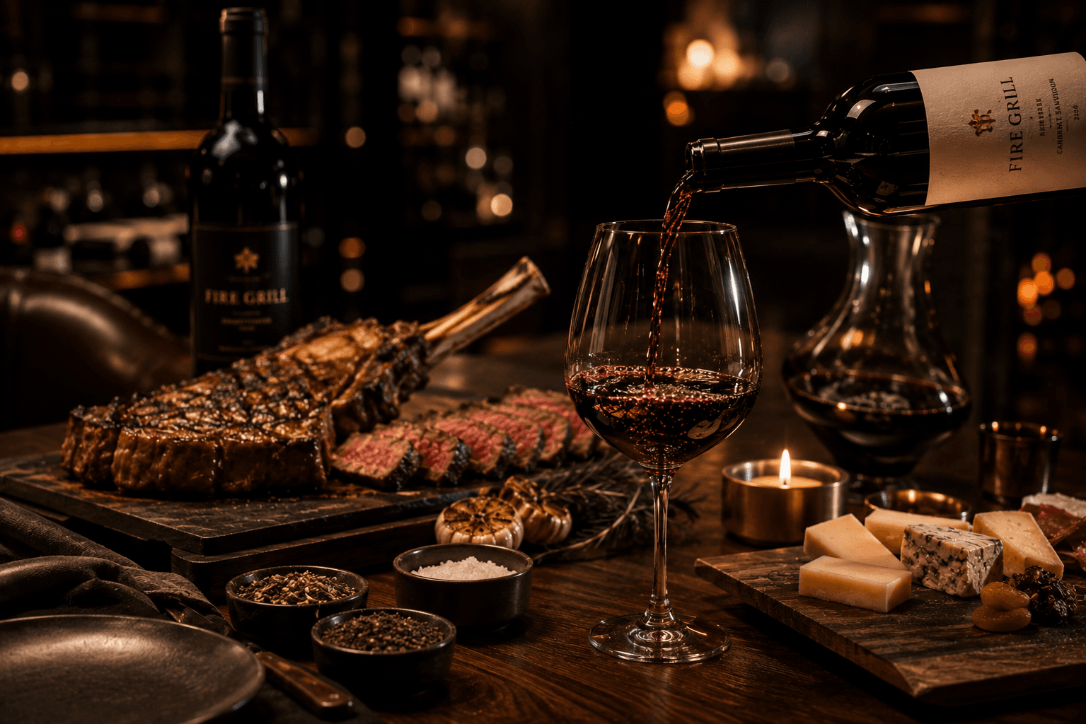 The Fire Grill Reserve Cabernet poured beside a carved tomahawk