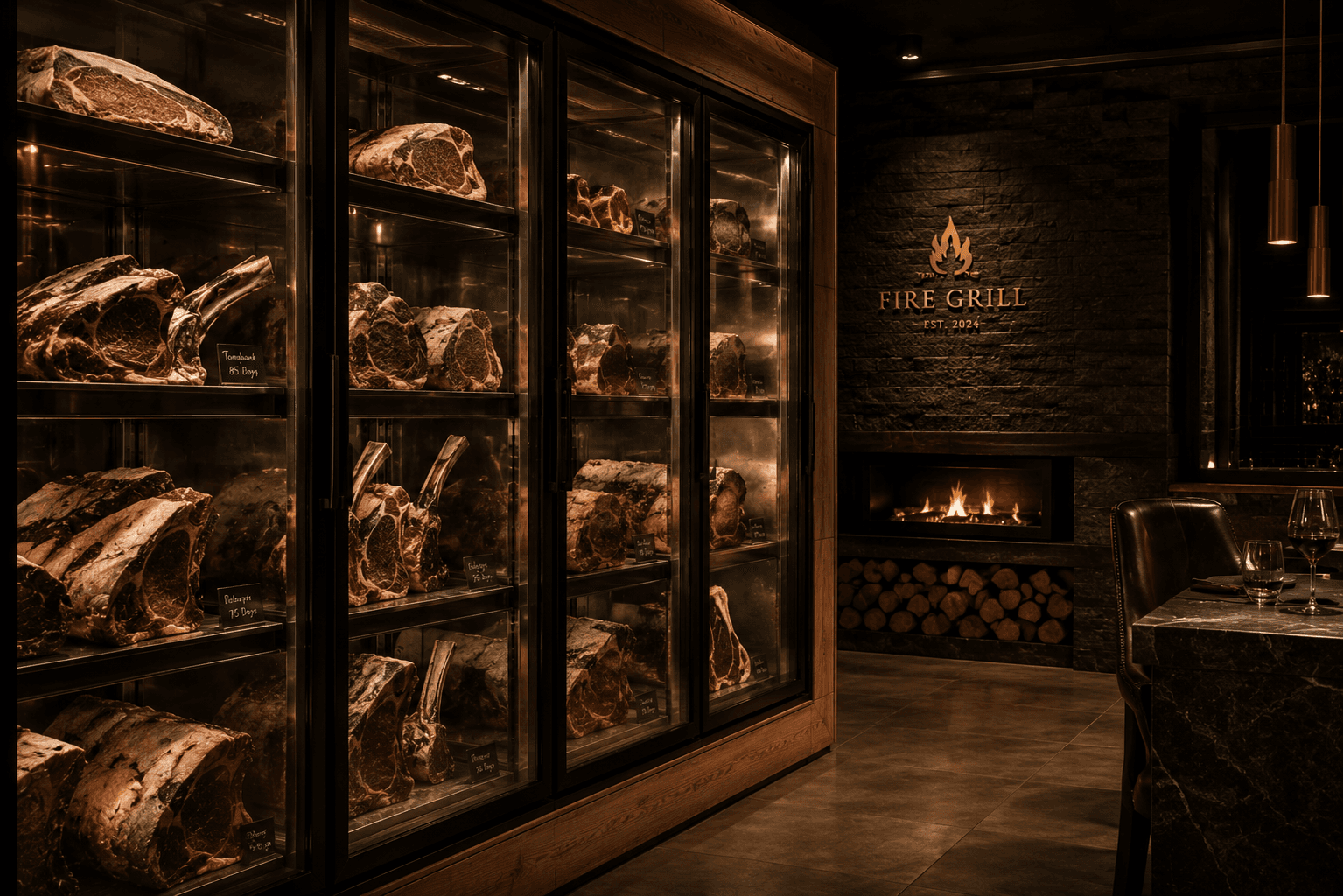 The Fire Grill dry-aging cabinet beside the fireplace and house monogram