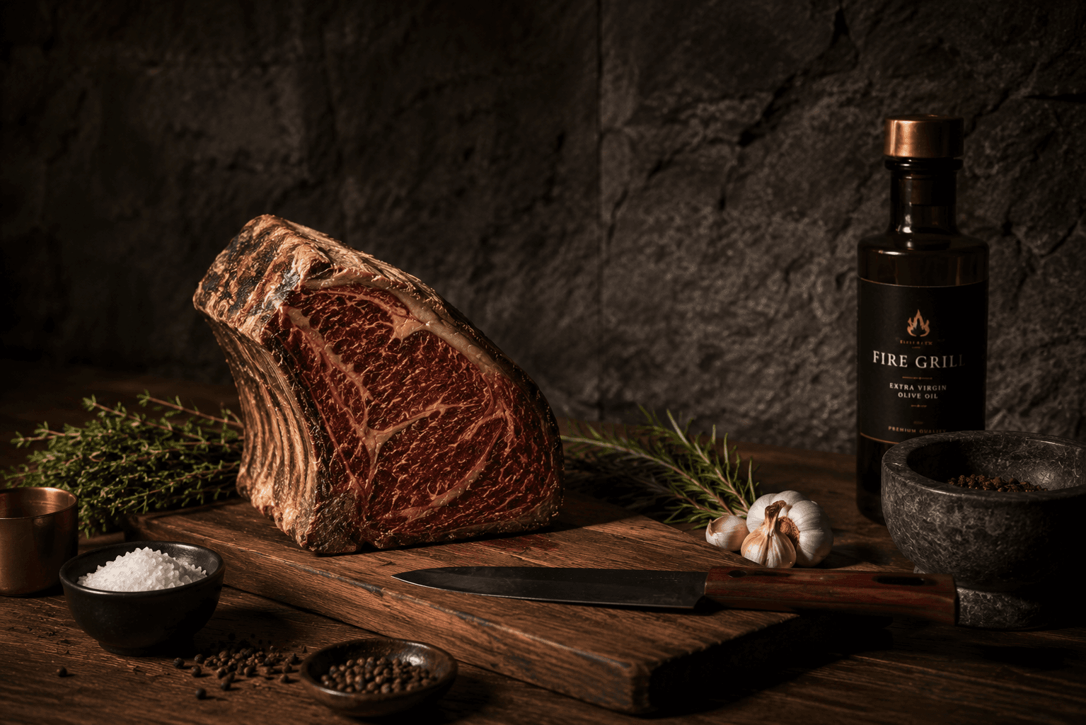 A dry-aged rib on the bone, dressed with Fire Grill olive oil
