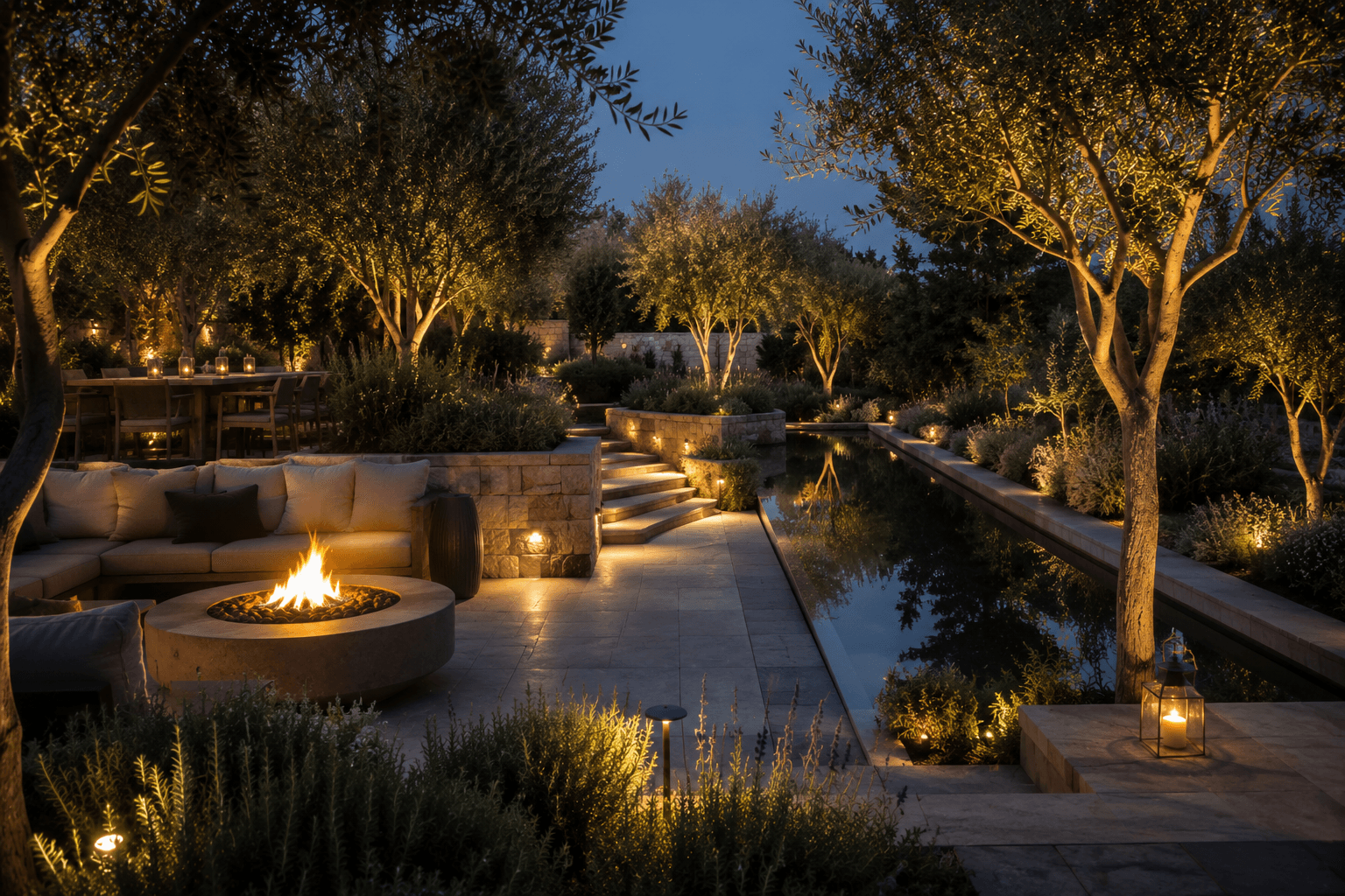 A TerraBloom garden lit at dusk, fire bowl and reflecting pool
