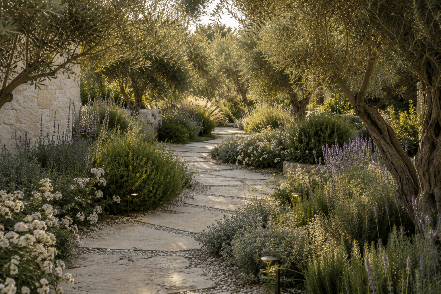 A flagstone path running through a golden-hour Mediterranean garden