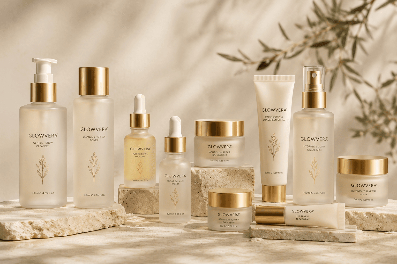 The full Glowvera range arranged on travertine blocks against a warm stone wall with olive branches