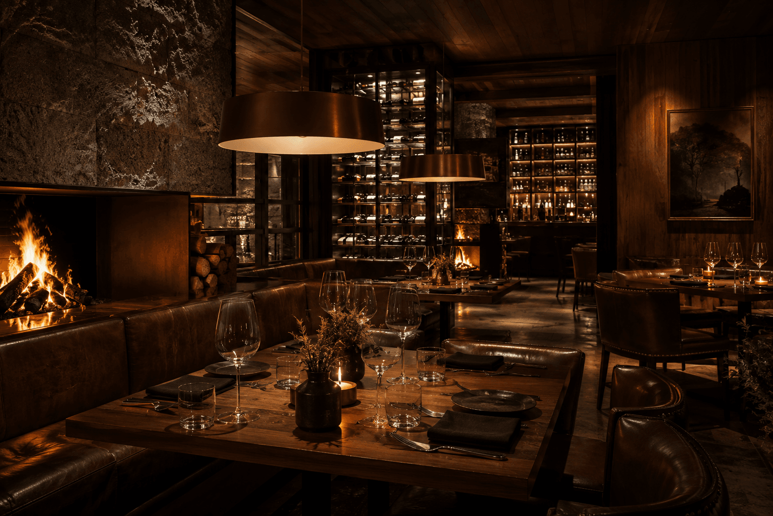 The candlelit Fire Grill dining room, fireplace and wine wall