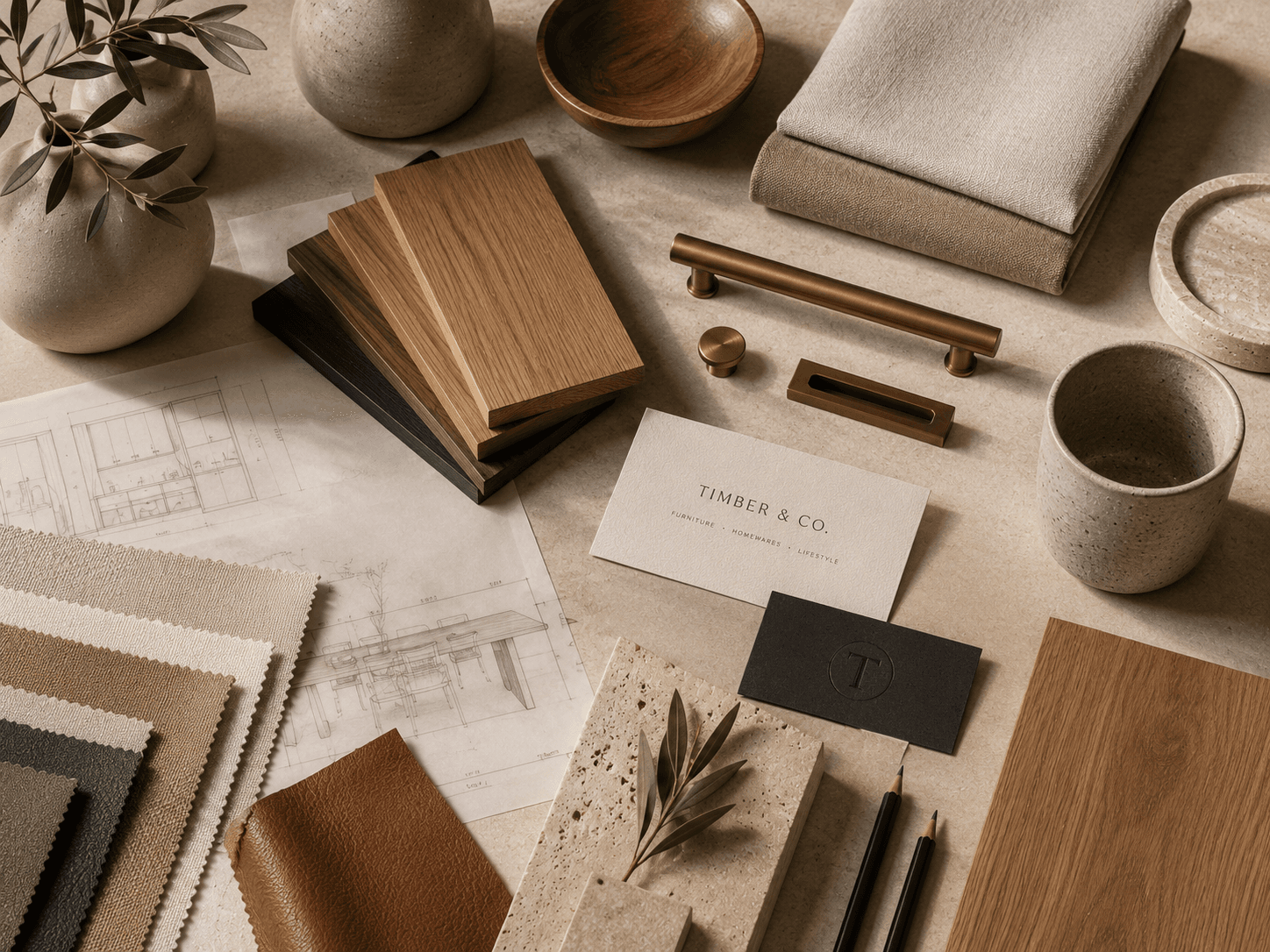 Oak and walnut boards, brass pulls and linen swatches laid out on the sample table