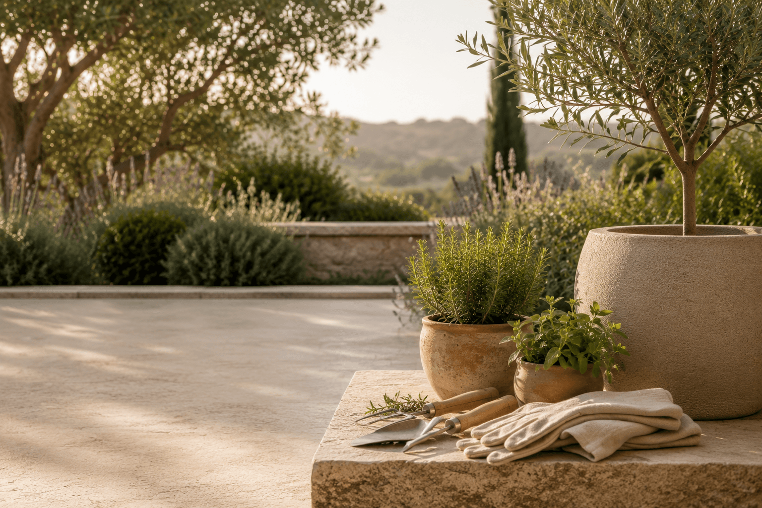 Hand tools and gloves resting on a warm stone bench